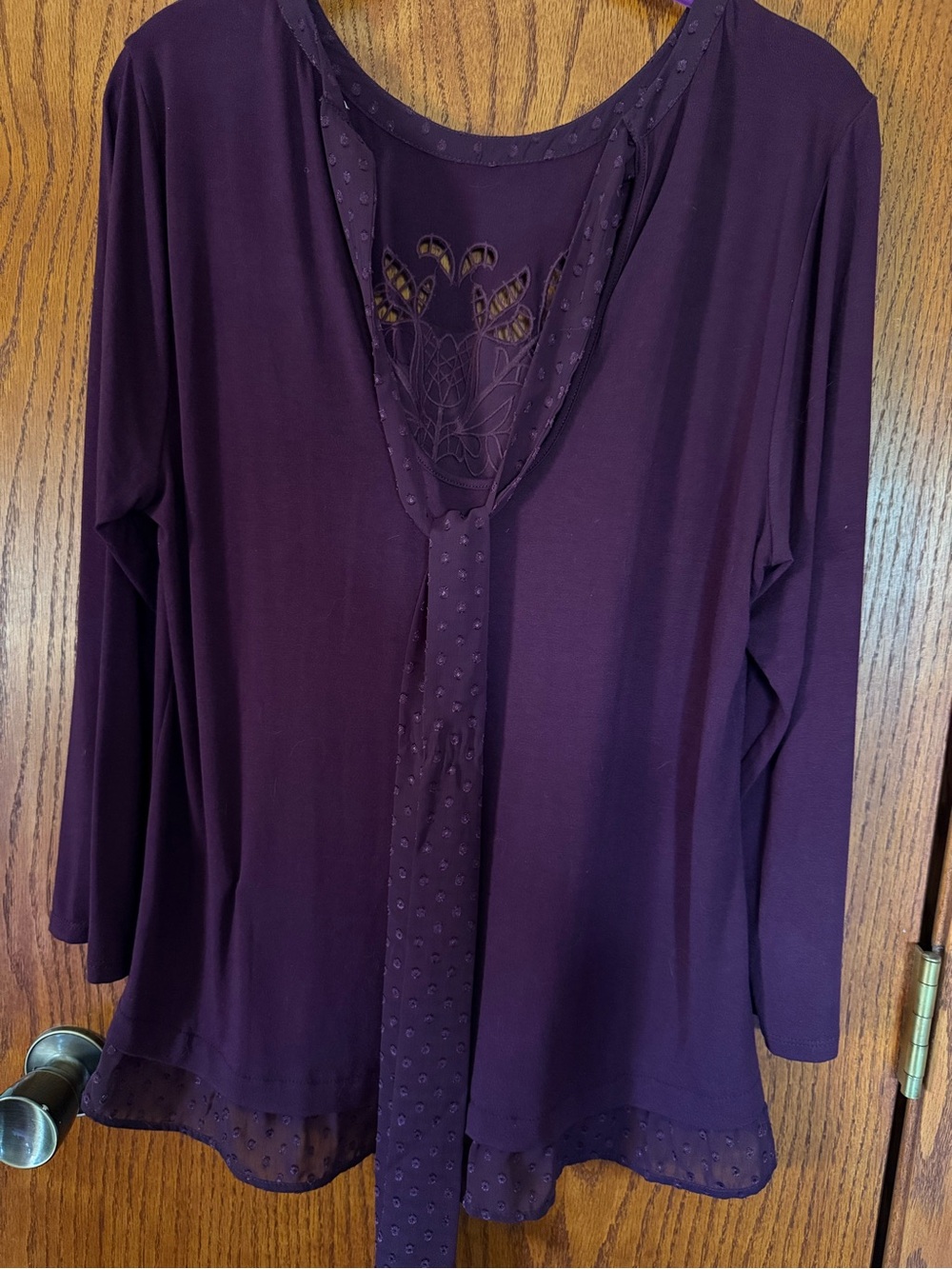 Daniel Rainn Deep Plum Long-Sleeve V-Neck Top with Cutwork